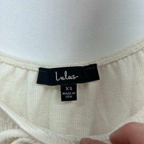 Lulus Off White Crop Delicate Details Ivory Ribbed Puff Sleeve Babydoll Top XS - Picture 6 of 8